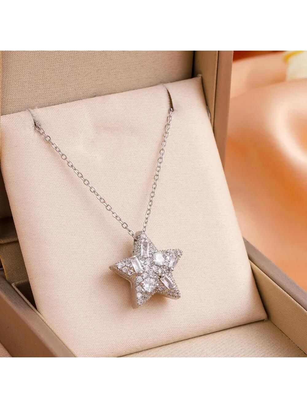 Baguette and round star - Necklace - Silver - CZs - 18"